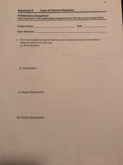 Solved Experiment 5 Types Of Chemical Reactions 