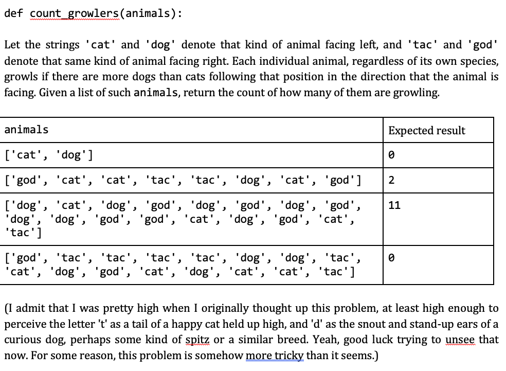 Solved def count_growlers(animals): Let the strings 'cat' | Chegg.com