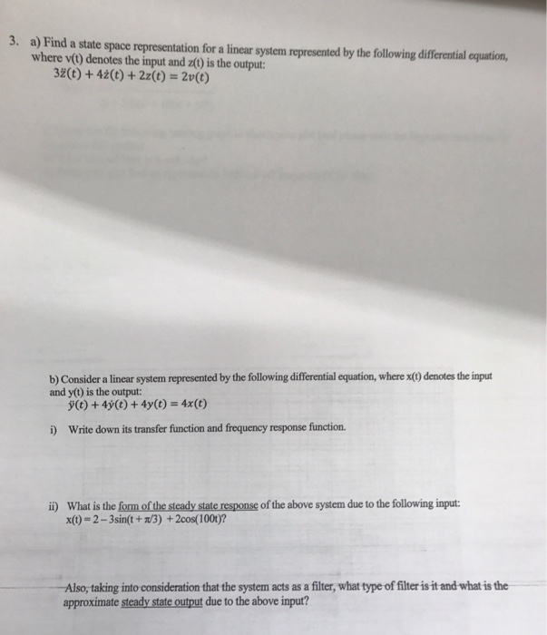 Solved Find A State Space Representation For A Linear System | Chegg.com
