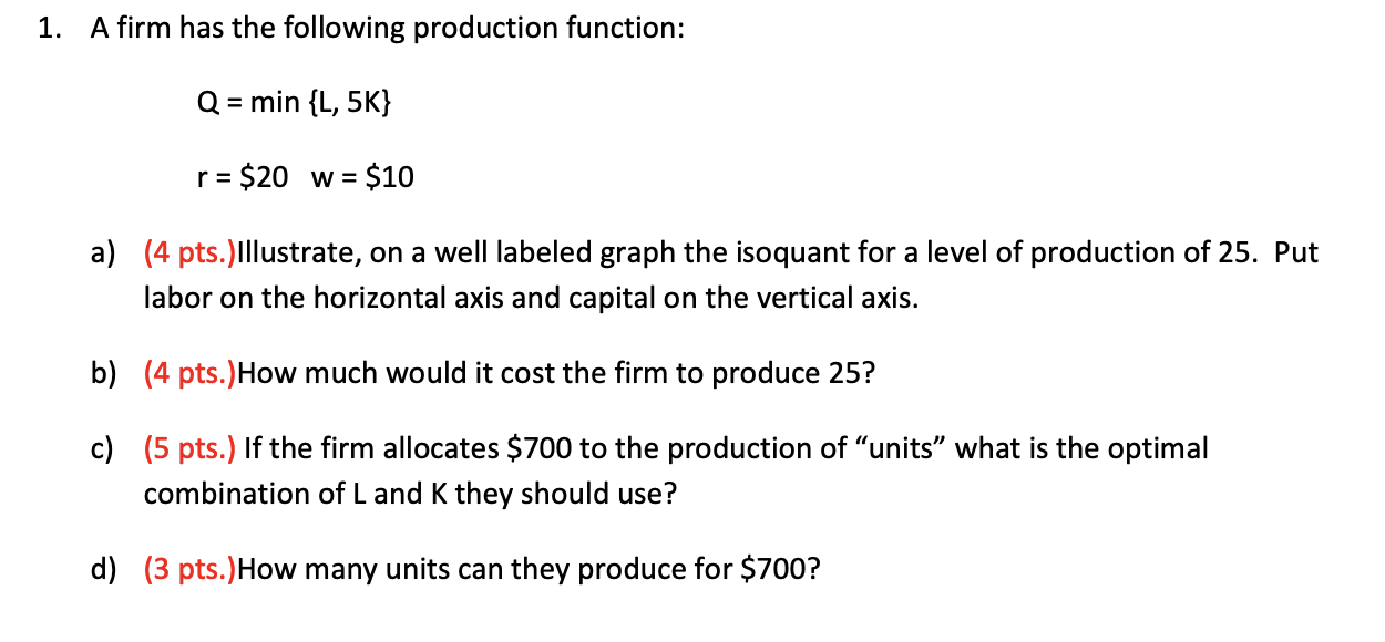 Solved 1. A firm has the following production function: Q = | Chegg.com