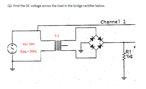 Q2. Find the DC voltage across the load in the bridge rectifier below.