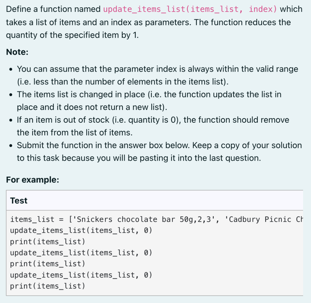 Solved Define a function named update_items_list | Chegg.com