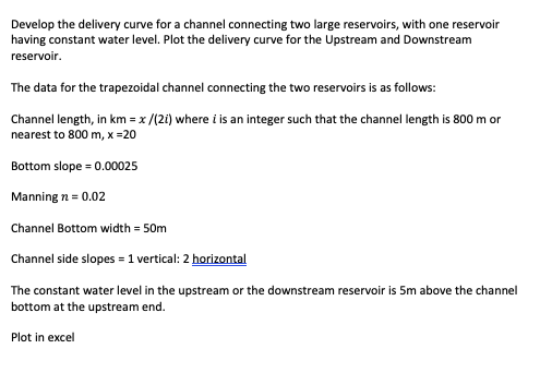 Solved Develop the delivery curve for a channel connecting | Chegg.com