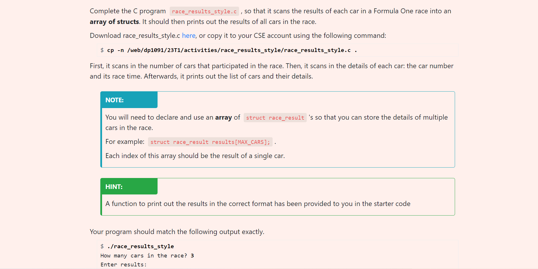 Solved 45 / Parameters: 46// - 'car_number' - - The car | Chegg.com