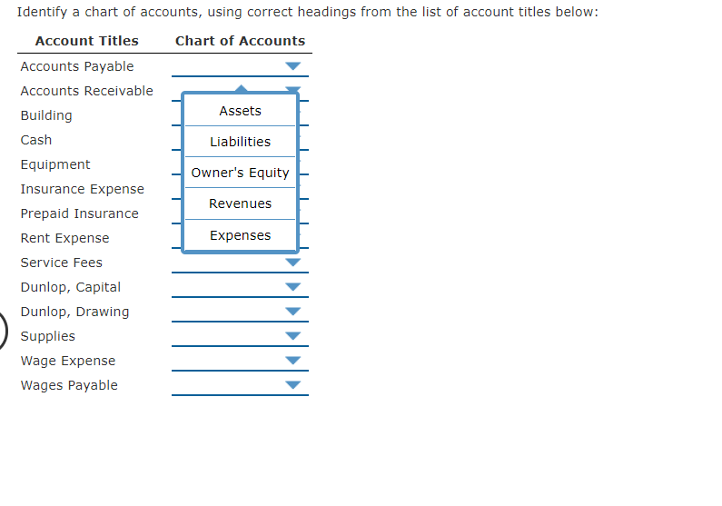 Solved Identify a chart of accounts, using correct headings