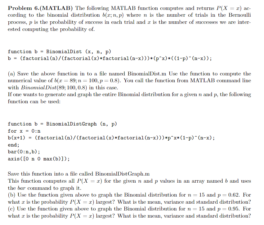 Solved Problem 6.(MATLAB) The Following MATLAB Function | Chegg.com