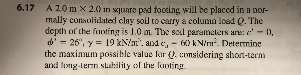 Solved 6.17 A 2.0 m × 2.0 m square pad footing will be | Chegg.com