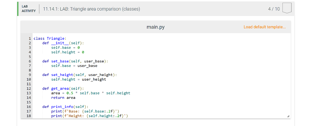 Solved Given class Triangle, complete the program to read | Chegg.com