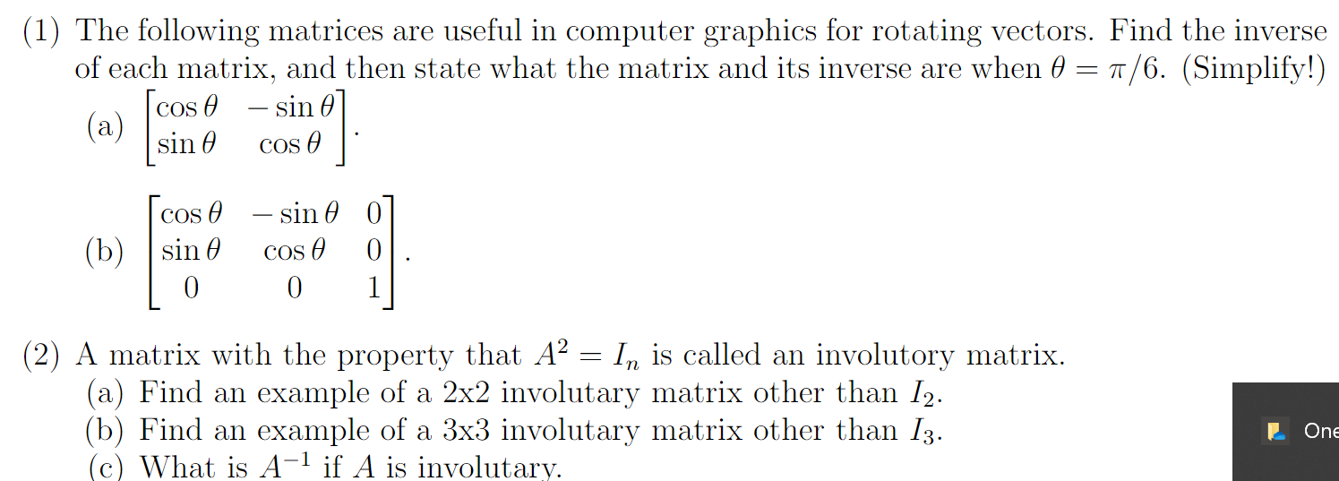 Solved (1) The following matrices are useful in computer | Chegg.com