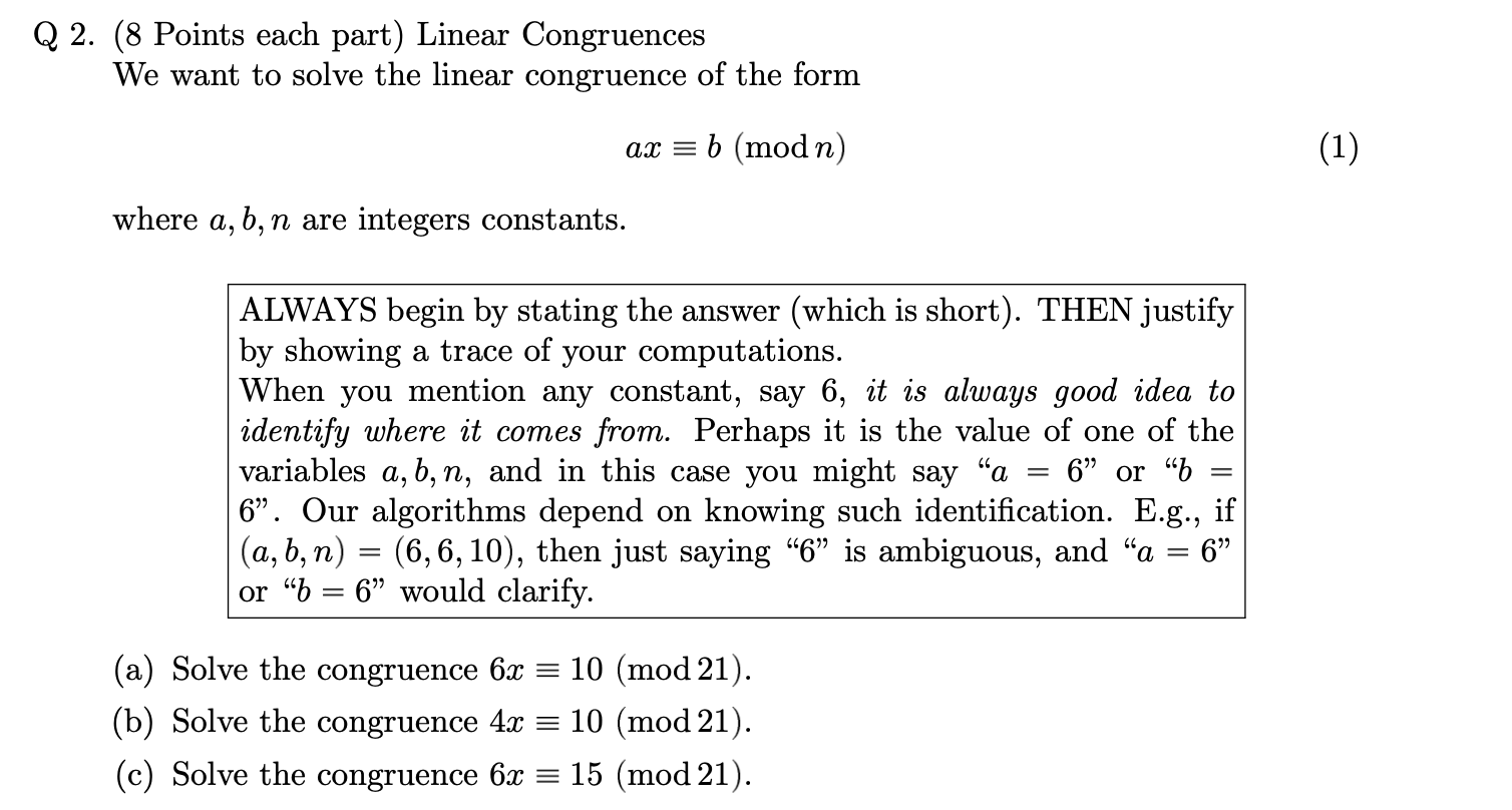 Solved Q 2. (8 Points Each Part) Linear Congruences We Want | Chegg.com