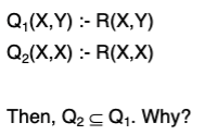 Solved Q1(X,Y):−R(X,Y)Q2(X,X):−R(X,X) Then, Q2⊆Q1. Why? | Chegg.com