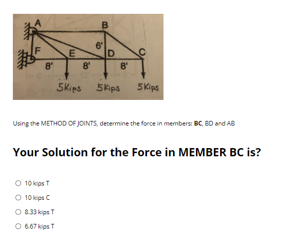 Solved B 02 E D C B ' 8 8 5 kips 5 kips 5 kips Using the | Chegg.com