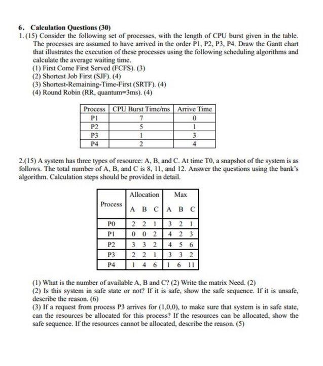Solved 6. Calculation Questions (30) 1. (15) Consider the | Chegg.com