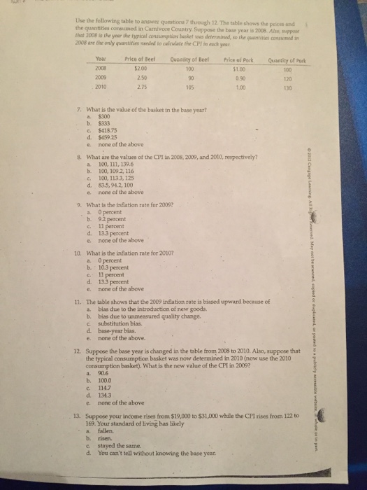 Solved Use the following table to answer questions 7 through | Chegg.com