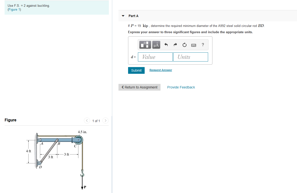 Solved Use F.S. = 2 against buckling. (Figure 1) Part A If P | Chegg.com