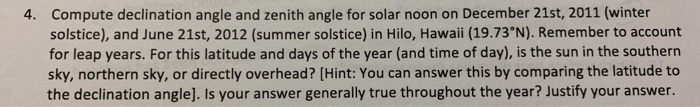 Solved Compute declination angle and zenith angle for solar | Chegg.com