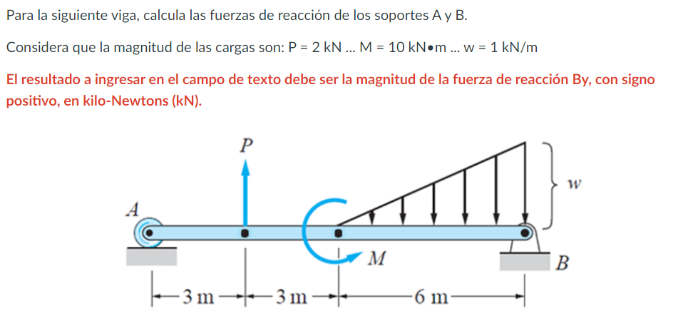 Para la siguiente viga, calcula las fuerzas de reacción de los soportes A y B. Considera que la magnitud de las cargas son: \