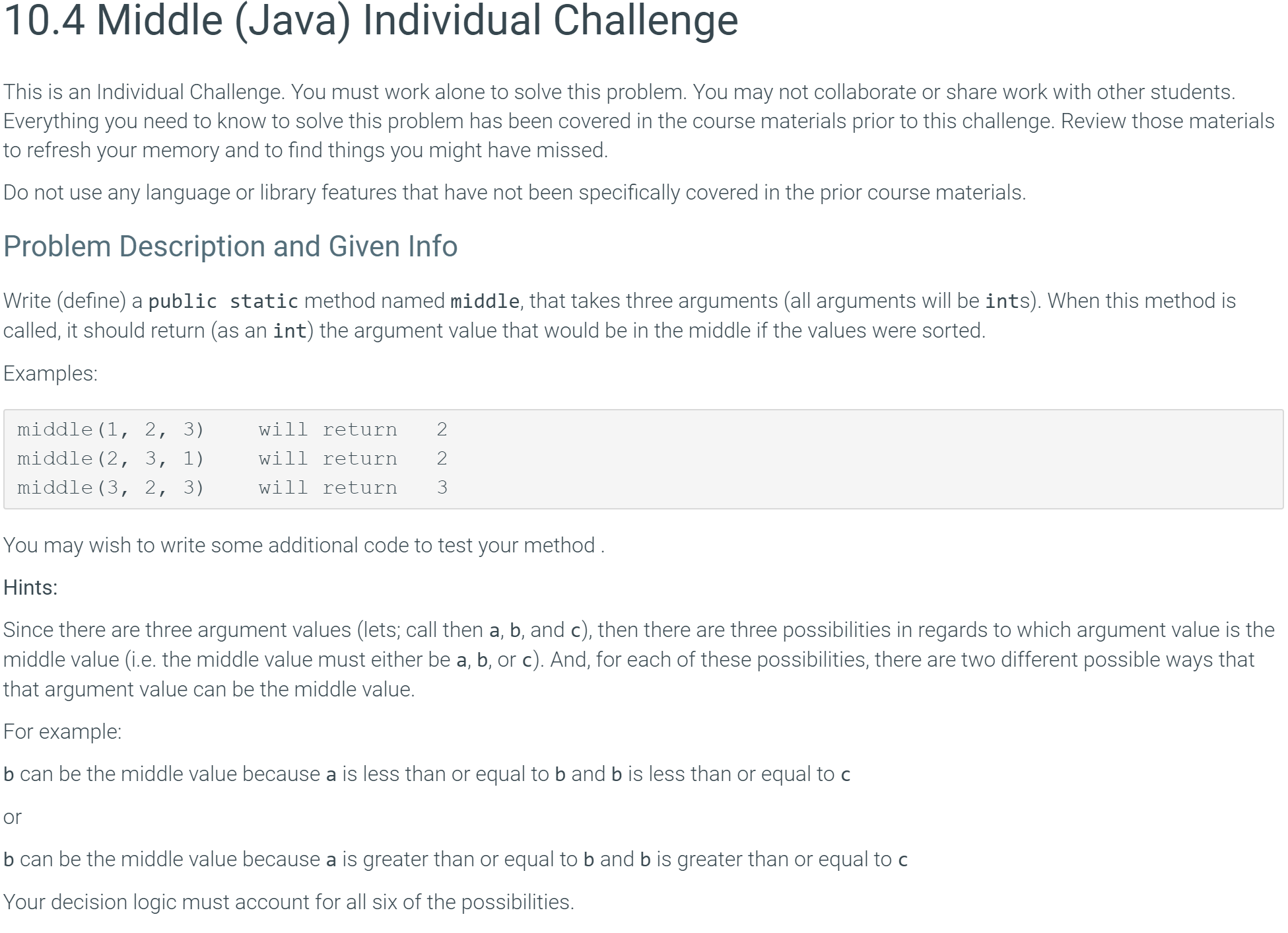 Solved 10.4 Middle (Java) Individual Challenge This is an | Chegg.com