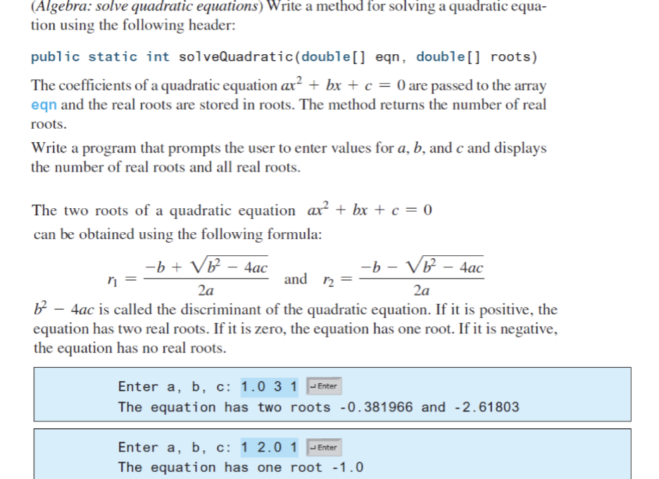 Solved (Algebra: solve quadratic equations) Write a method | Chegg.com
