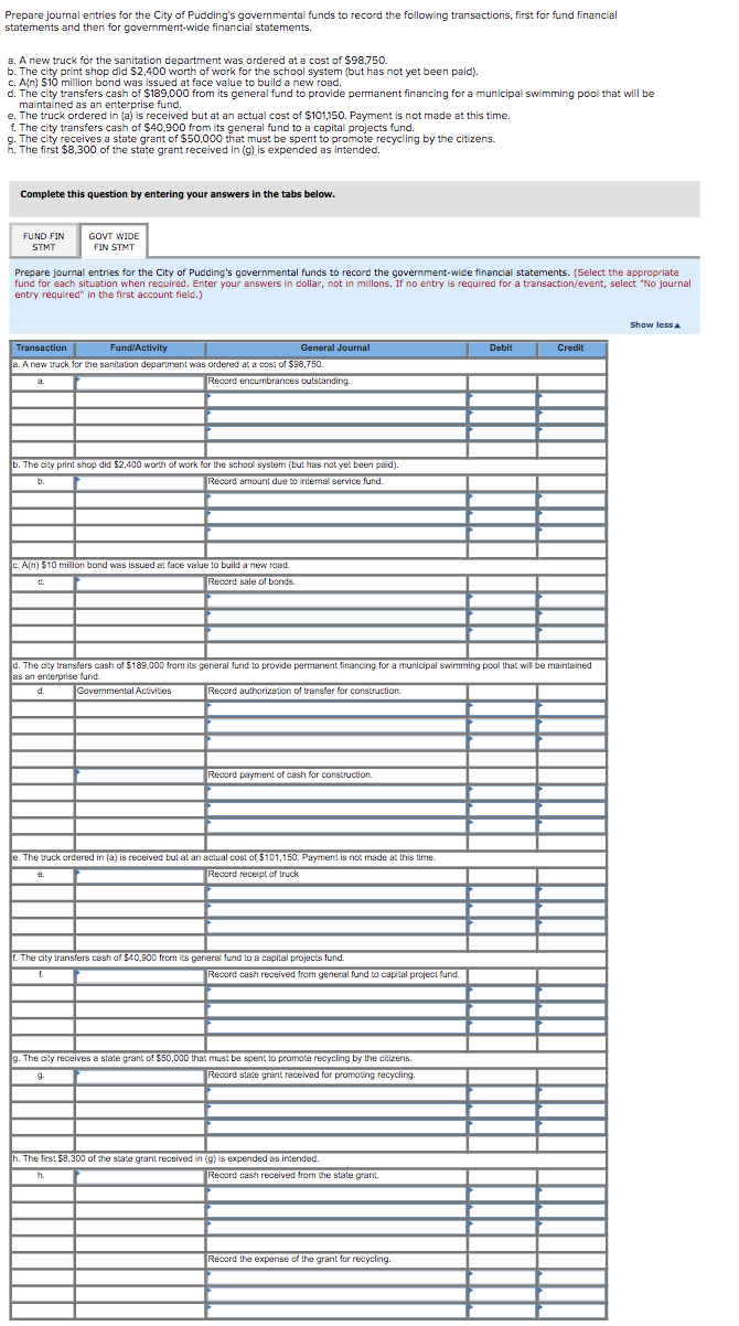 Solved Prepare journal entries for the City of Pudding's | Chegg.com