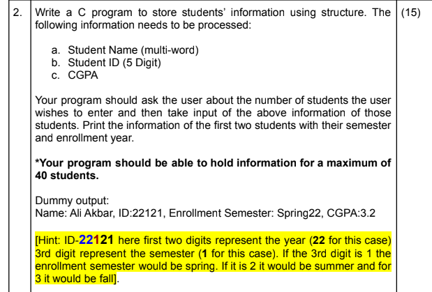 Solved 2. Write a C program to store students' information | Chegg.com