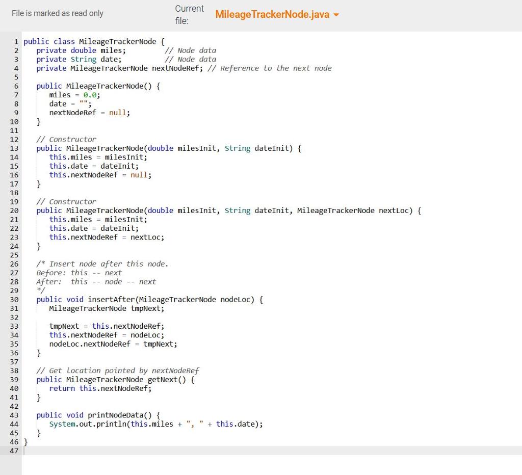 Solved (IN JAVA) Given the MileageTrackerNode class, | Chegg.com