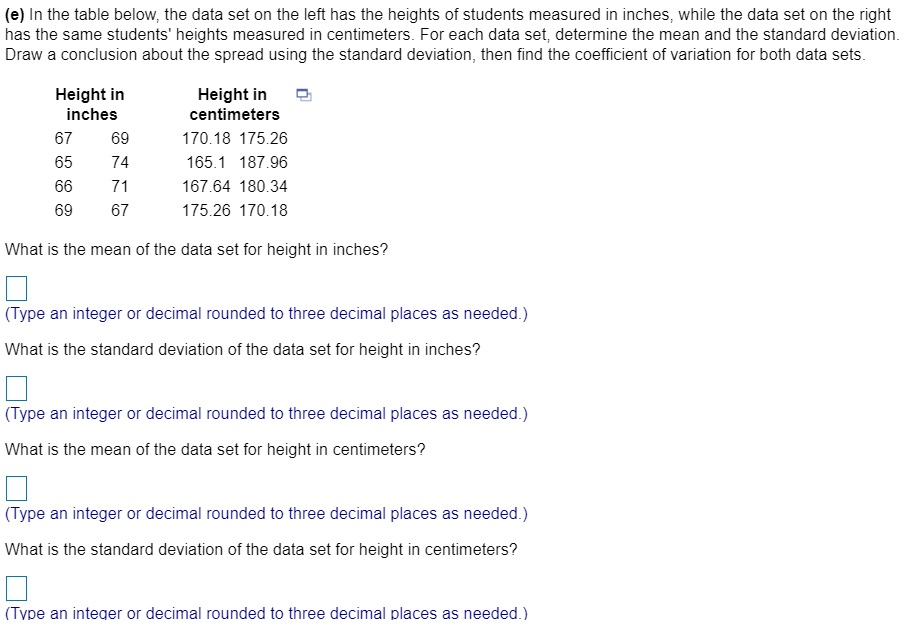 Solved (e) In the table below, the data set on the left has