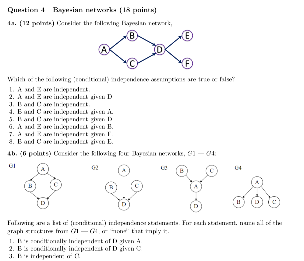 Solved Question 4 Bayesian Networks (18 Points) 4a. (12 | Chegg.com