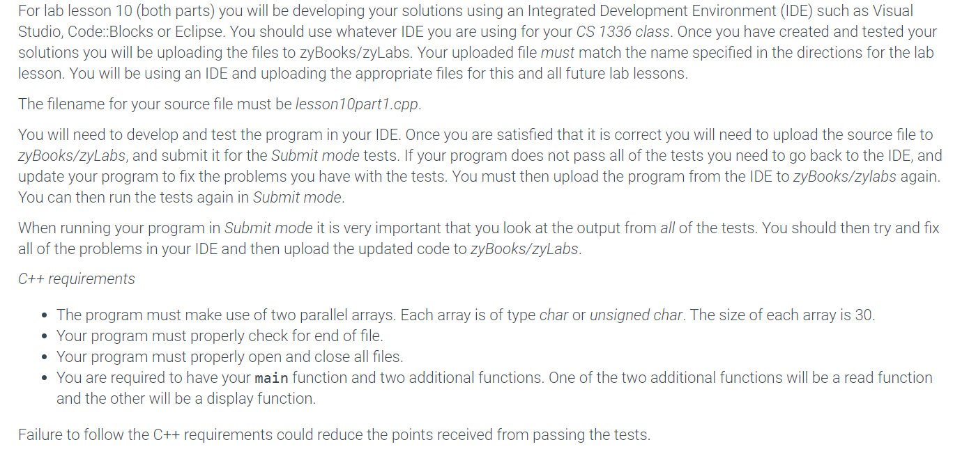 For lab lesson 10 (both parts) you will be developing 