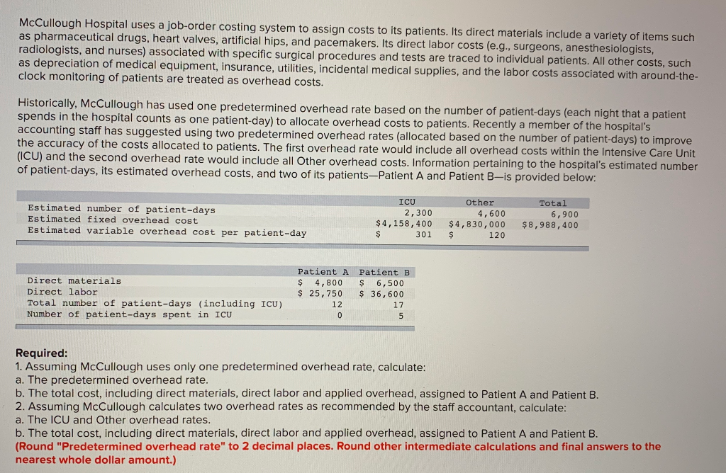 Solved McCullough Hospital uses a joborder costing system