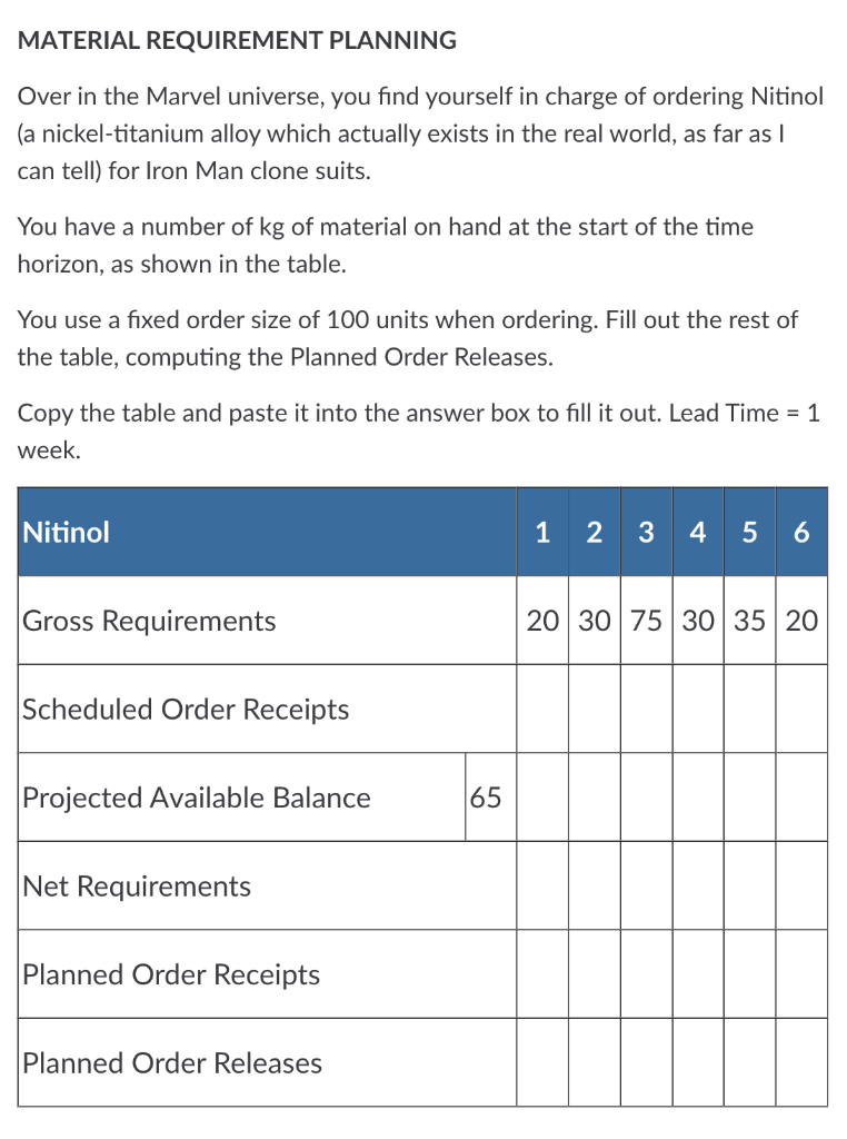 Solved MATERIAL REQUIREMENT PLANNING Over in the Marvel | Chegg.com