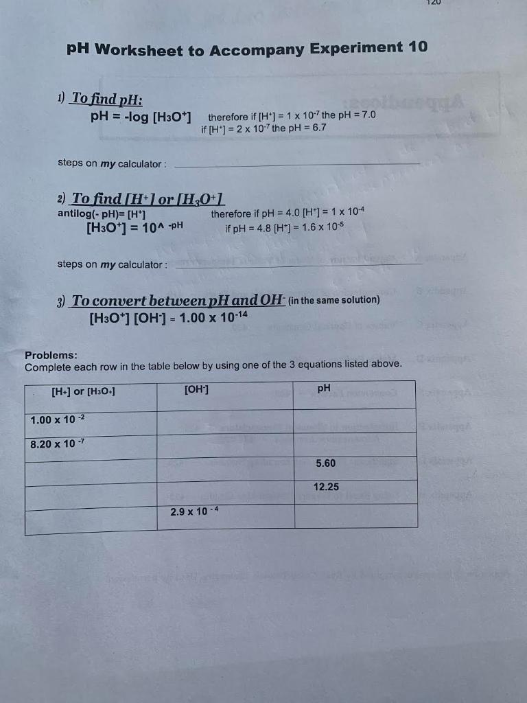 Solved Ph Worksheet To Accompany Experiment 10 1 To Find Chegg Com