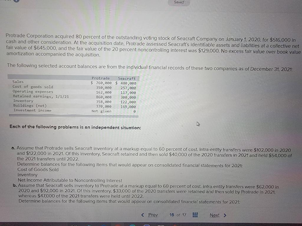 Solved Saved Protrade Corporation acquired 80 percent of the