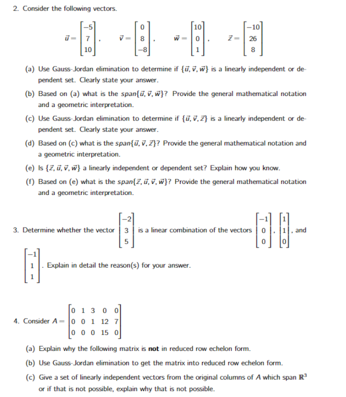 Solved 2. Consider The Following Vectors. | Chegg.com