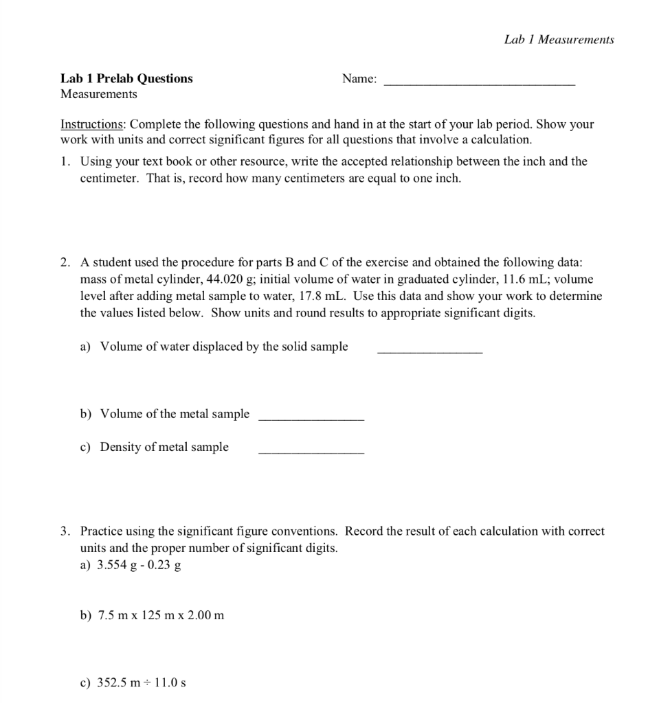 Solved Lab 1 Measurements Name Lab 1 Prelab Questions | Chegg.com