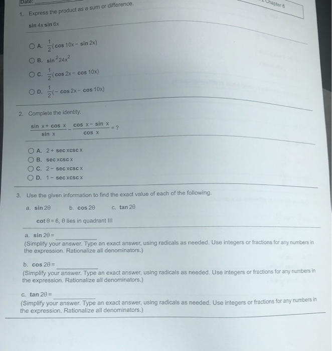 Solved Date 1. Express the product as a sum or difference. | Chegg.com