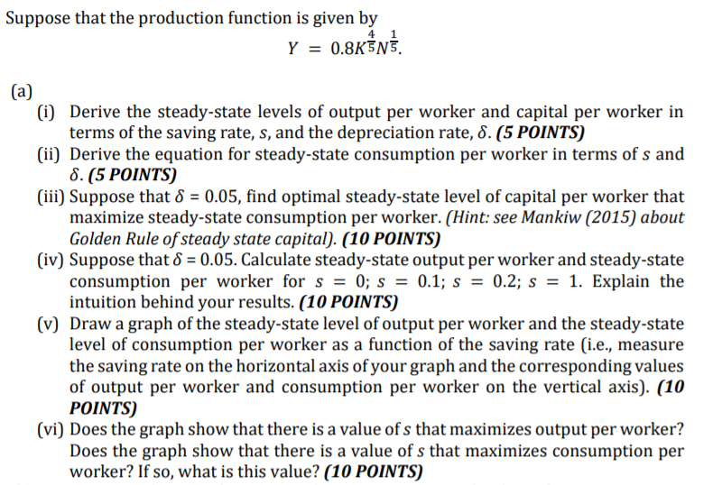 Solved Suppose that the production function is given by Y = | Chegg.com
