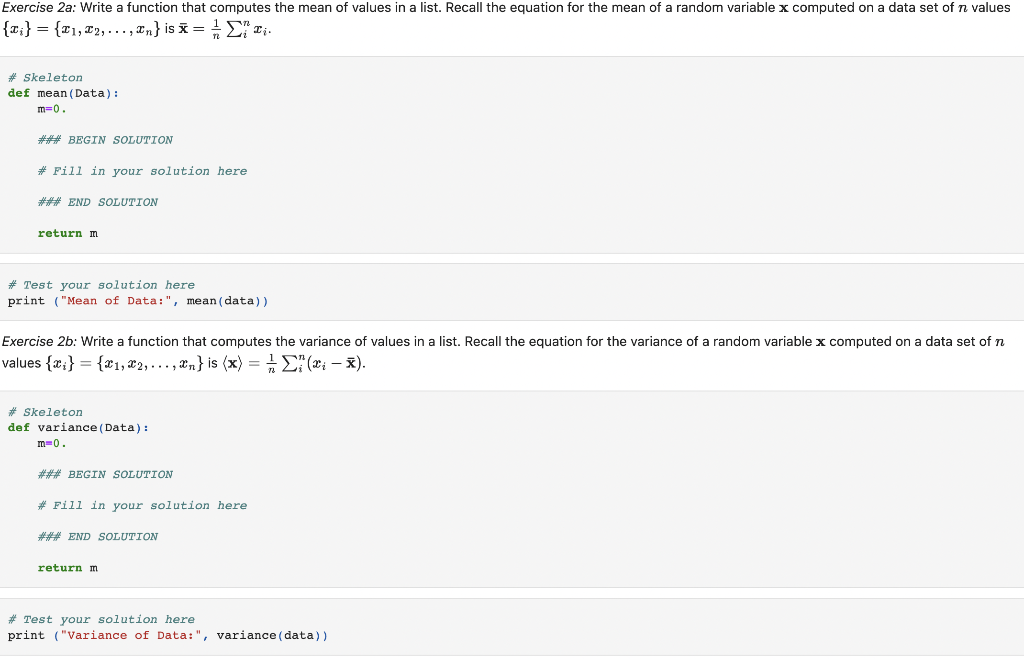 Solved Exercise 2a : Write a function that computes the mean | Chegg.com