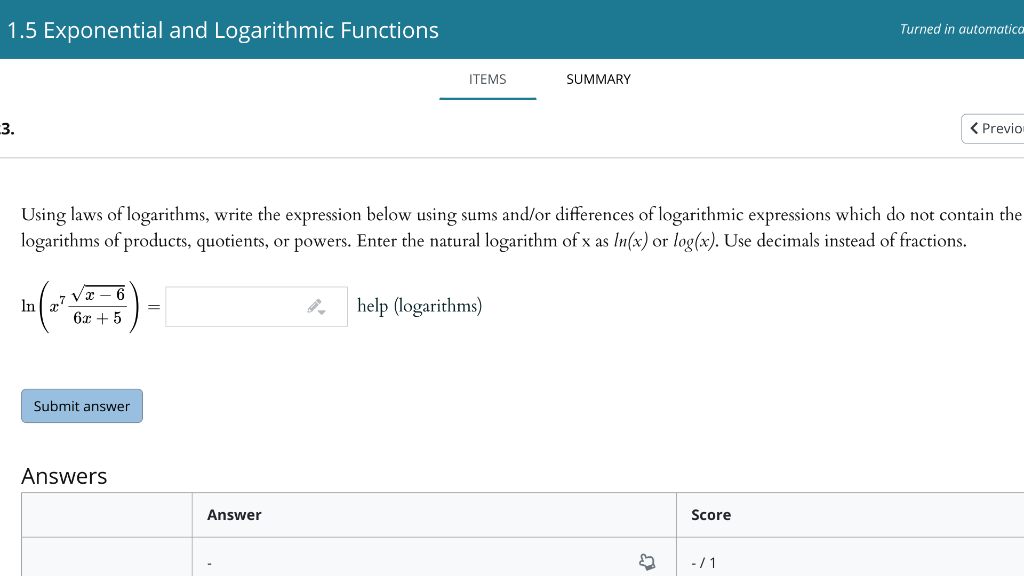 Solved 1.5 Exponential and Logarithmic Functions Turned in | Chegg.com