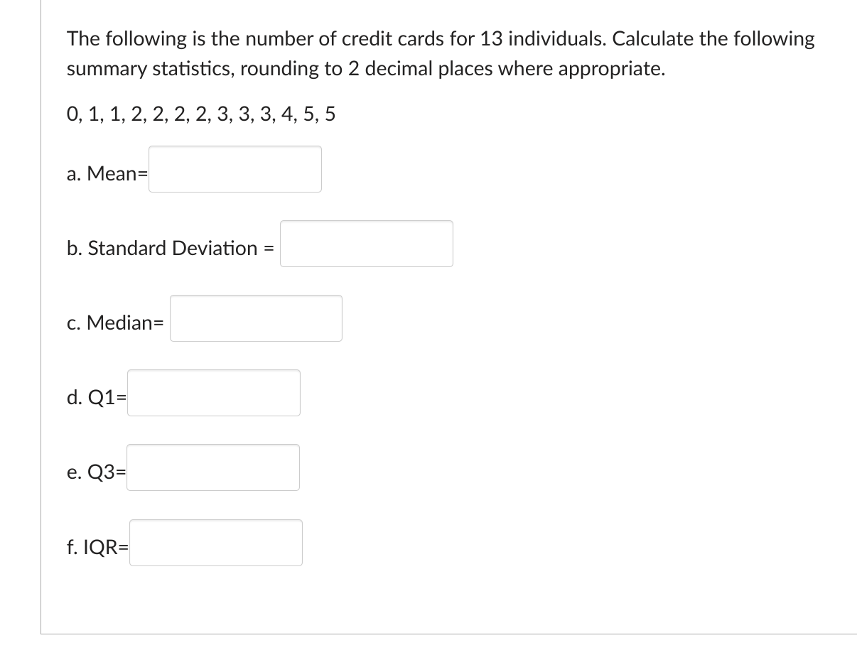 Solved The following is the number of credit cards for 13 | Chegg.com