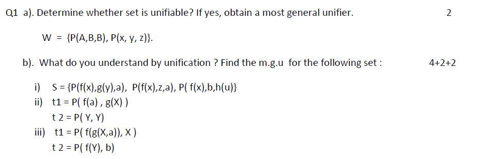 Solved Q1 A Determine Whether Set Is Unifiable If Yes Chegg Com