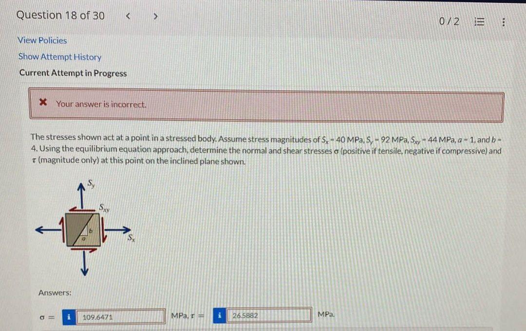 The stresses shown act at a point in a stressed body. Assume stress magnitudes of \( S_{x}=40 \mathrm{MPa}, S_{y}=92 \mathrm{