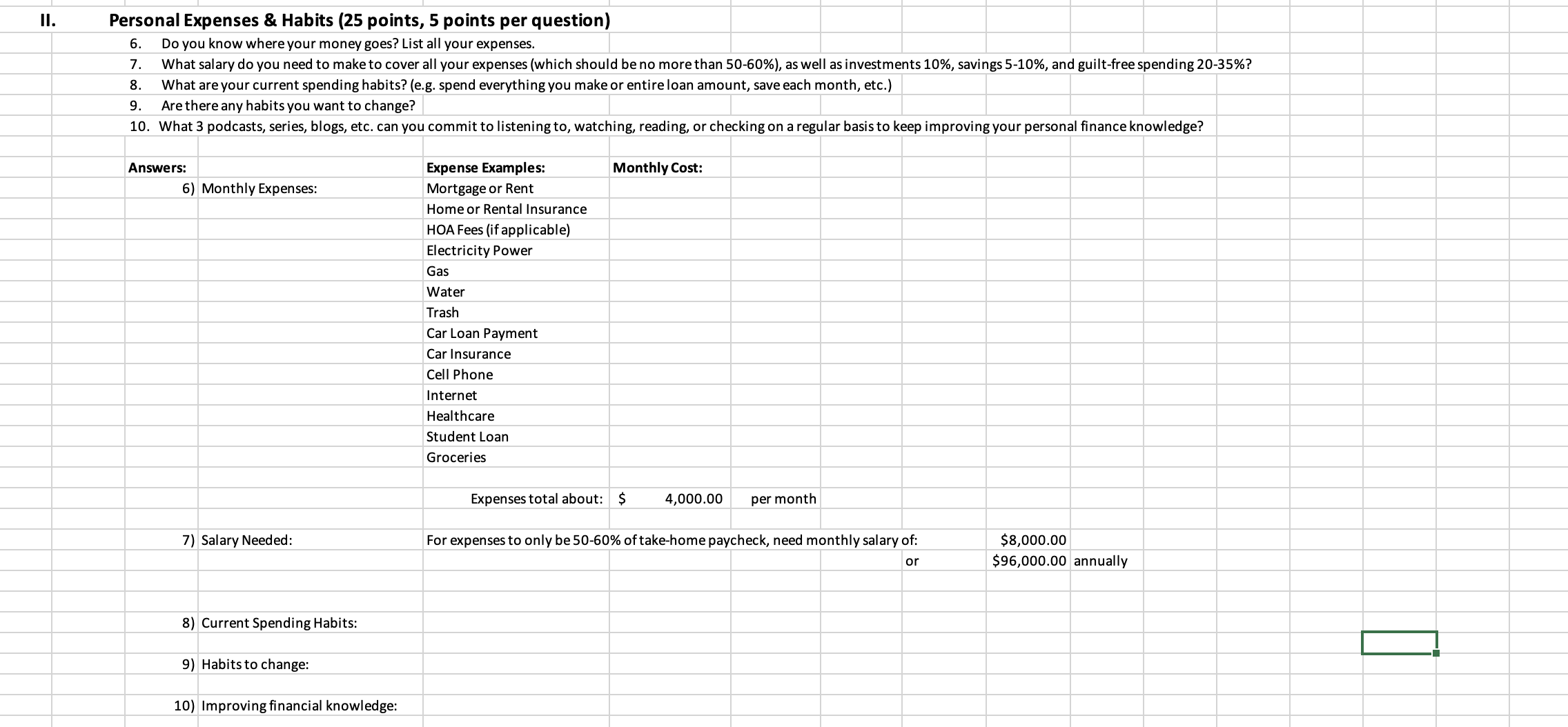 Solved II. Personal Expenses \& Habits (25 points, 5 points
