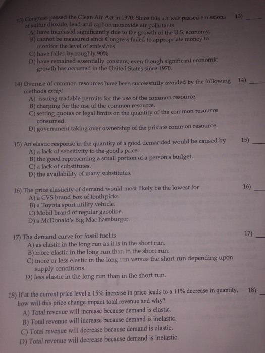 Solved 13) 3) Congress Passed The Clean Air Act In 1970. 