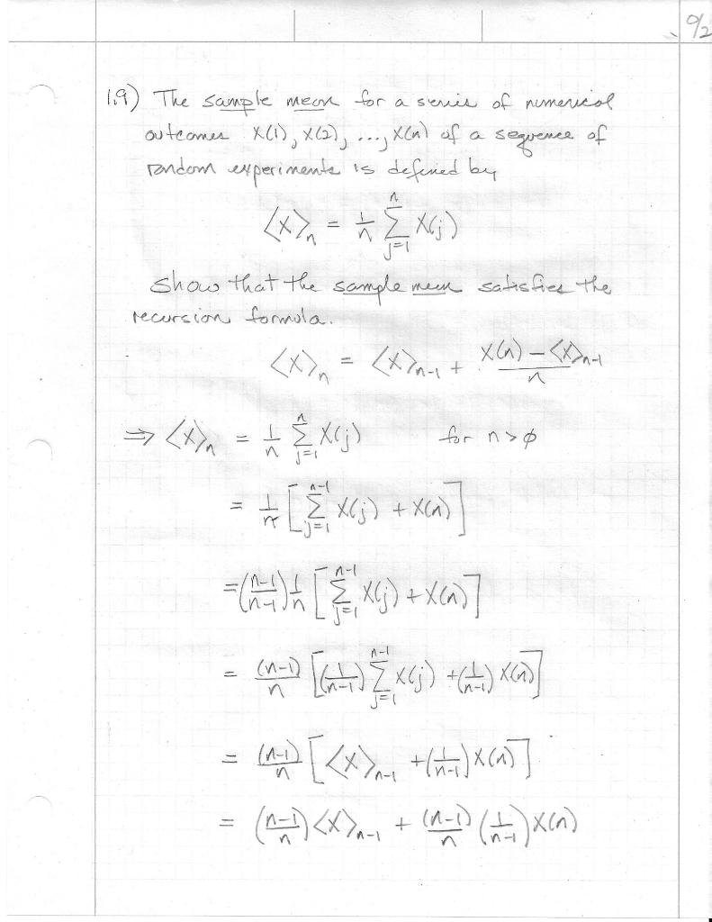 Solved 192 n 1,9) The sample mean for a series of numerical | Chegg.com