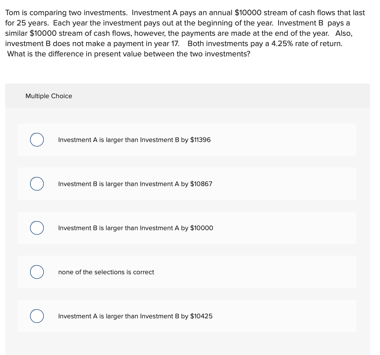 Solved Tom Is Comparing Two Investments. Investment A Pays | Chegg.com