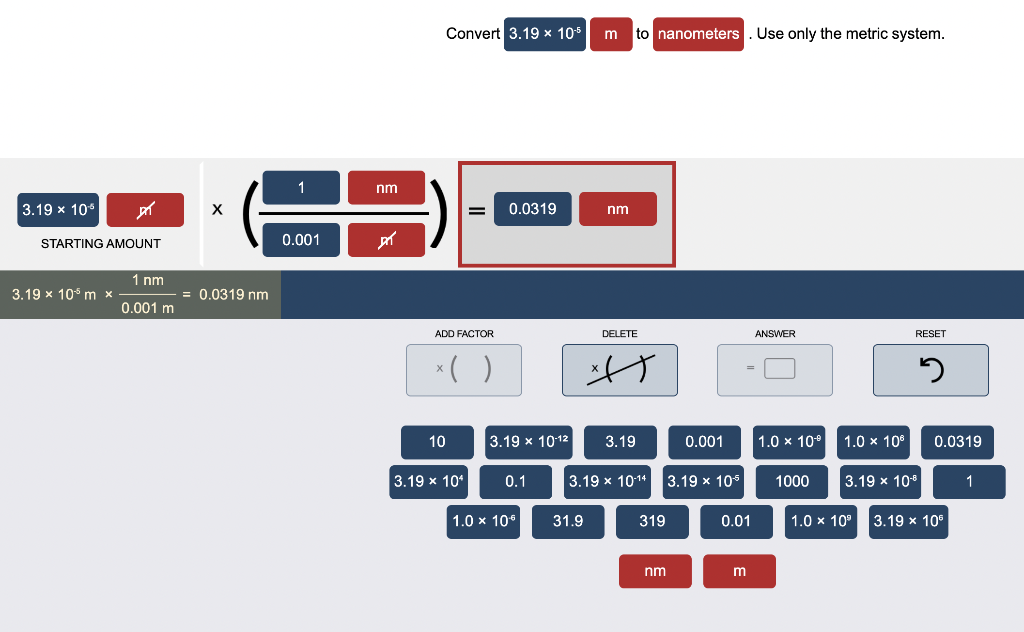 Solved Convert 3.19 x 10 m to nanometers. Use only the | Chegg.com