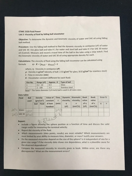 Solved ETME 2320 Fluid Power Lab 2 Viscosity of fluid by