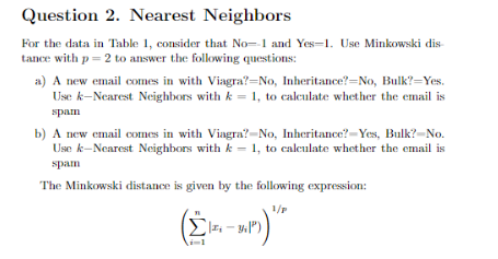 Question 2. Nearest Neighbors For the data in Table | Chegg.com