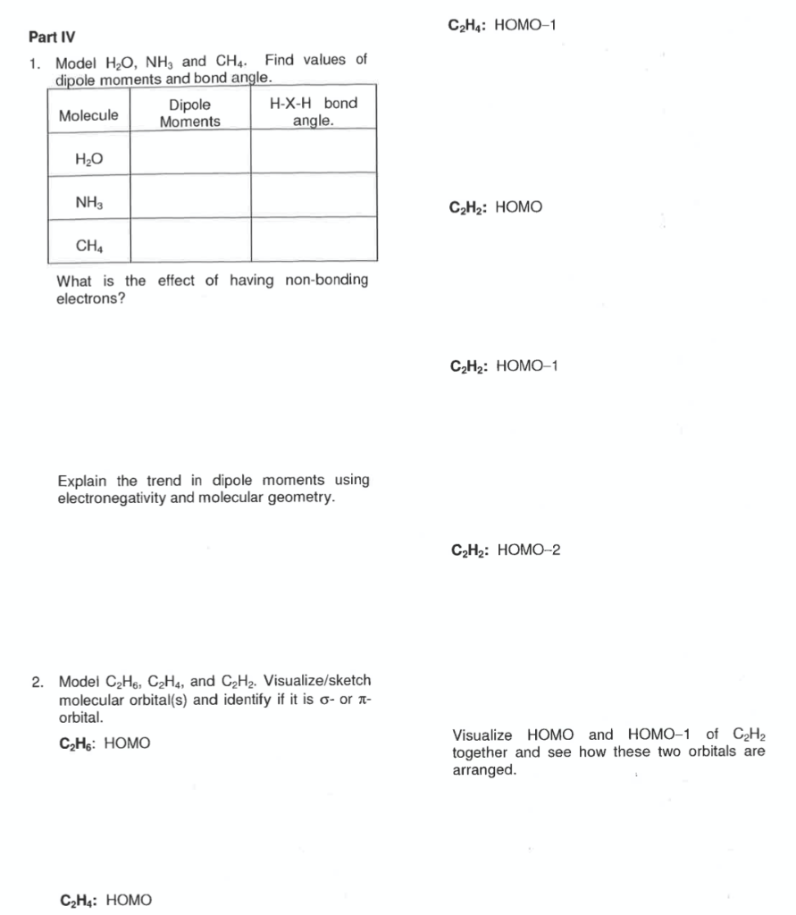 Solved C2H4 HOMO 1 Part IV 1. Model H O NH and CH4. Find